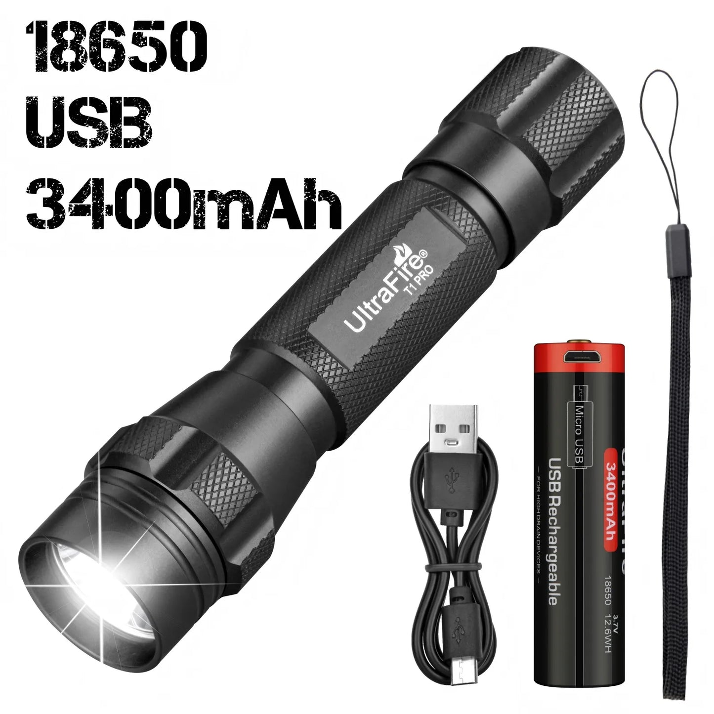 Tactical LED Flashlight – 1200LM Rechargeable Torch with USB Charging & Belt Holster