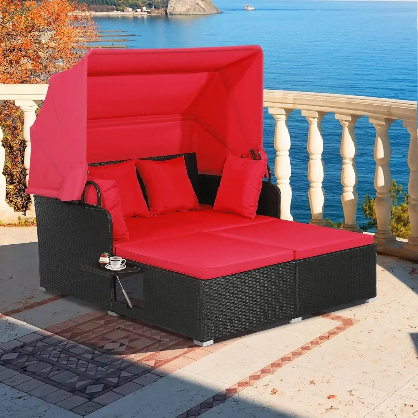 Relax in Style: Hand-Woven Outdoor Daybed with Canopy & Built-In Side Tables