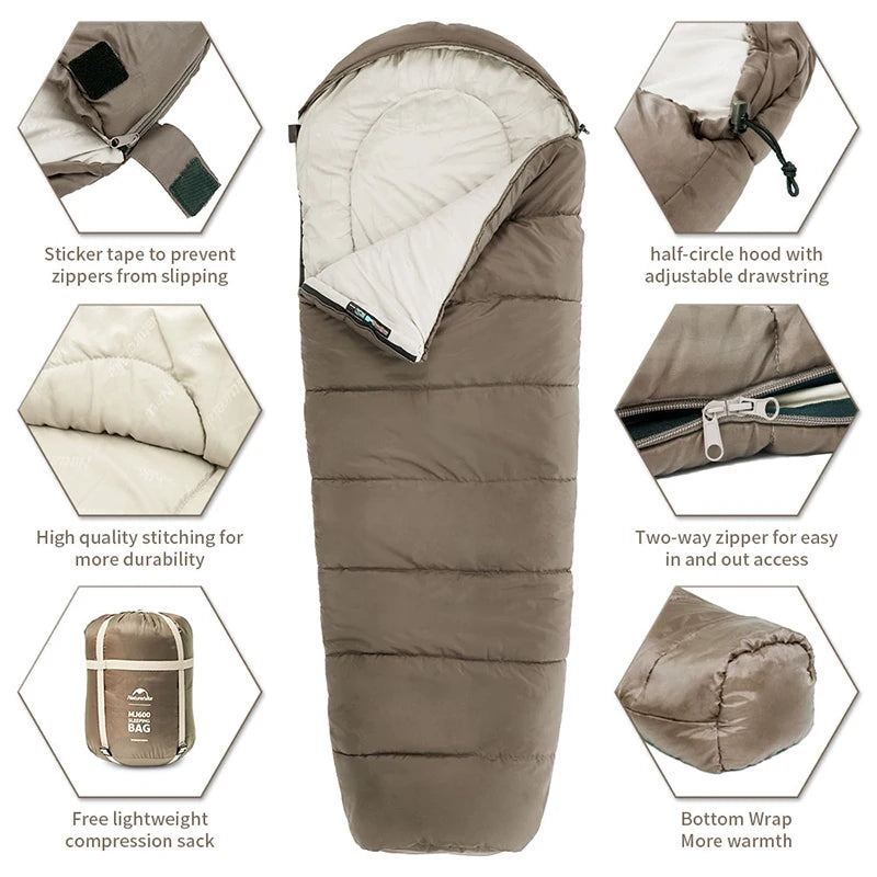 Naturehike Mummy Sleeping Bag – Lightweight MJ300 (-1℃) & MJ600 (-12℃) for Winter Camping, Outdoor Adventures, and Comfortable Sleep