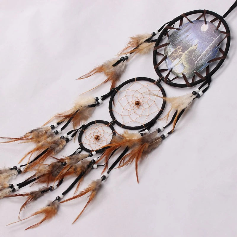 Wolf Head Oil Painting Dream Catcher – Boho Wall Decoration with Natural Feather Pendant | Festival-Inspired Hanging