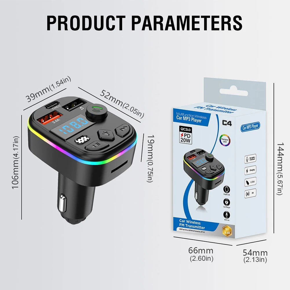 Bluetooth 5.3 FM Transmitter Car Charger – Hands-Free Calls, Dual USB + Type-C, MP3 & TF Card Support
