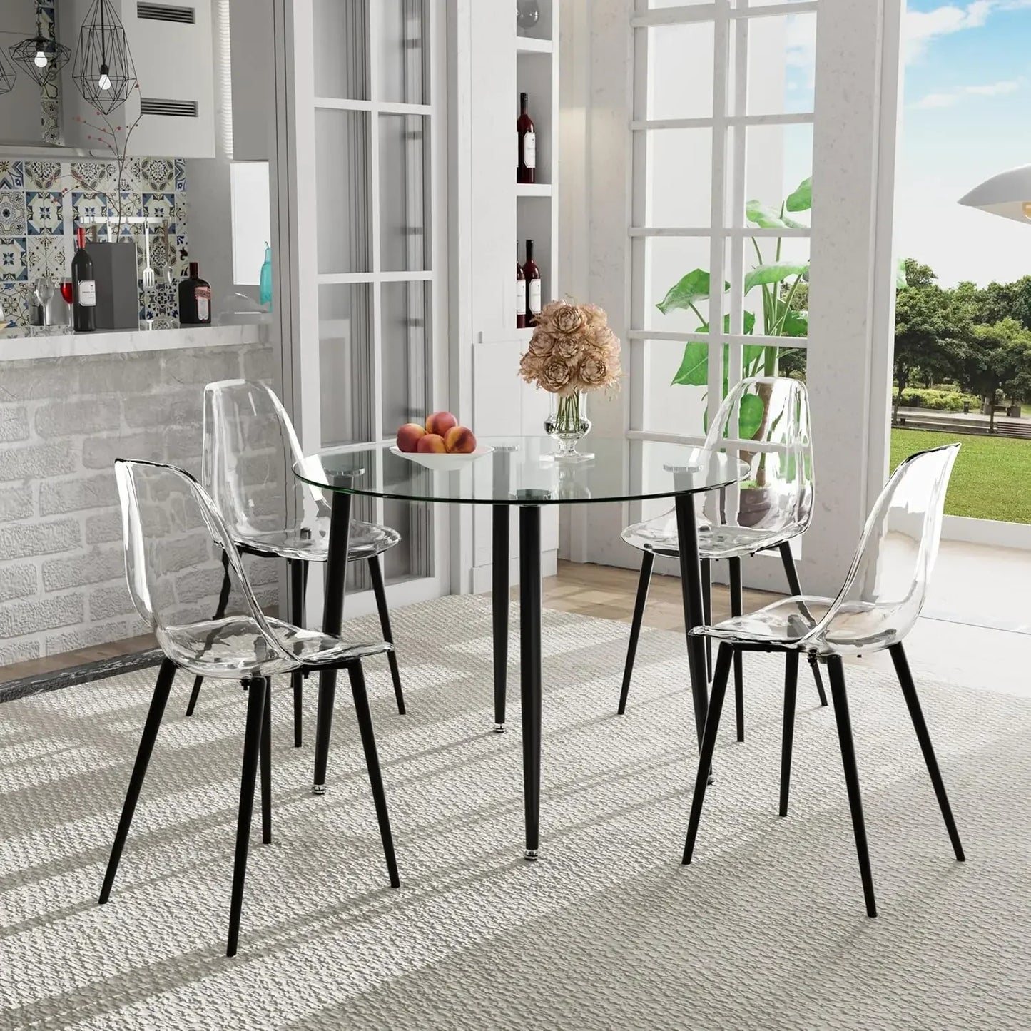 5-Piece Round Glass Dining Table Set for 4 – 47'' Modern Circular Kitchen & Dining Room Table with Clear Glass Top and Chairs