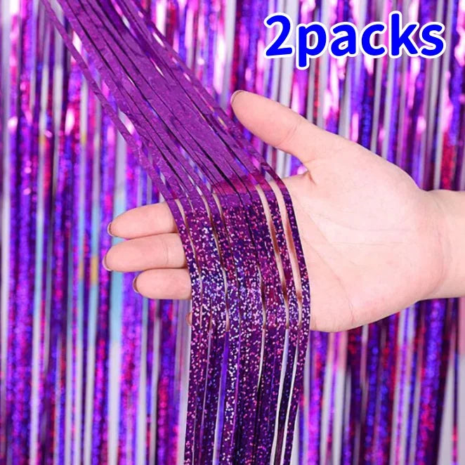 2-Pack Metallic Tinsel Fringe Curtains – 2x1M Glitter Party Backdrops for Birthday, Wedding, Bachelorette & Event Decor