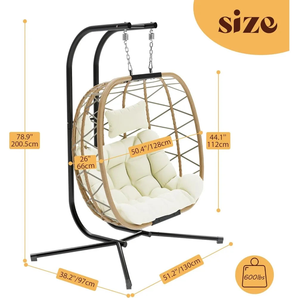 Oversized Double Swing Egg Chair with Stand – 2-Person Hanging Wicker Patio Chair with Cushion, 550 lbs Capacity