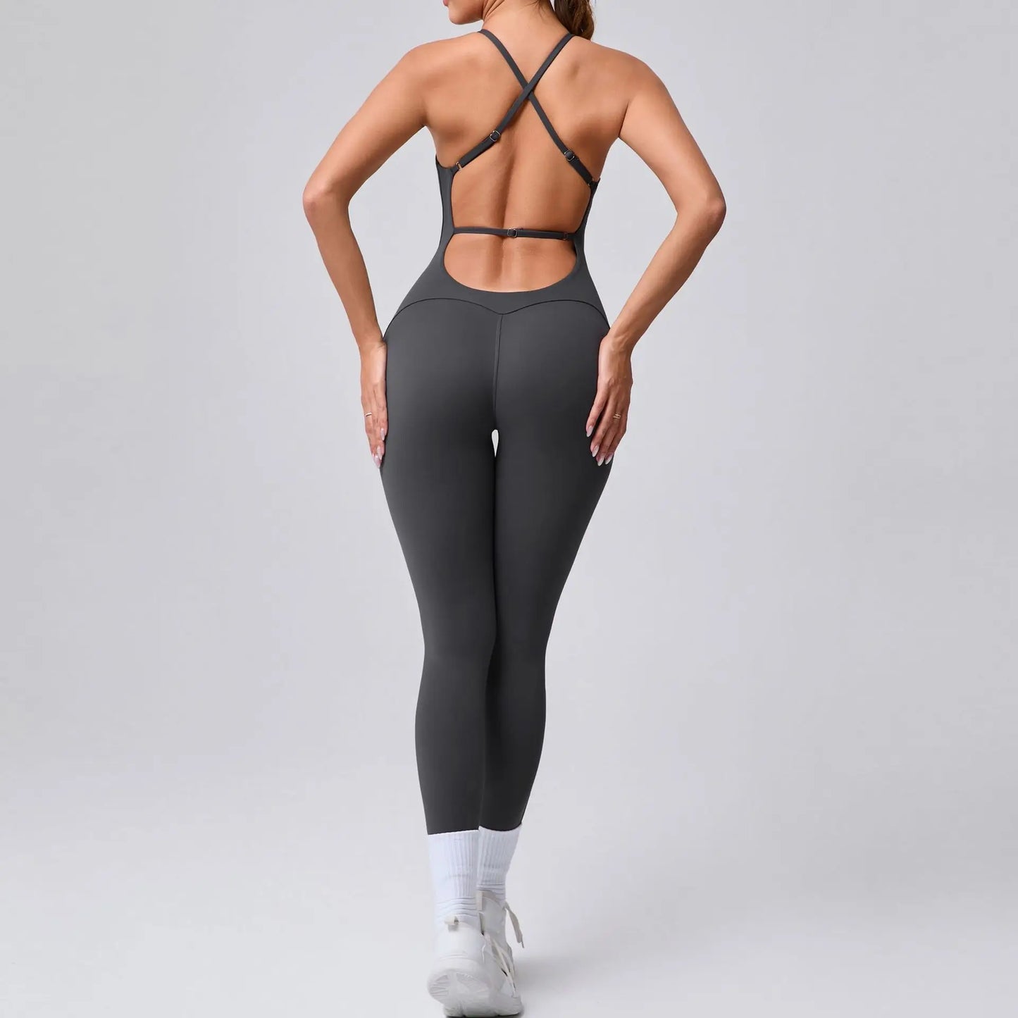One-Piece Cross-Back Bodycon Yoga Jumpsuit – Women’s Fitness Legging Gym Outfit for Activewear & Workouts
