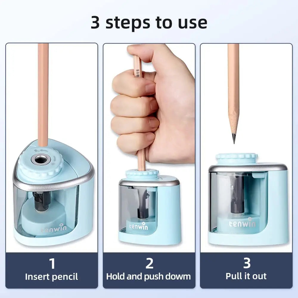 Tenwin Electric Auto Pencil Sharpener – Safe Helical Blade Sharpener for Kids, Students, Artists & Adults
