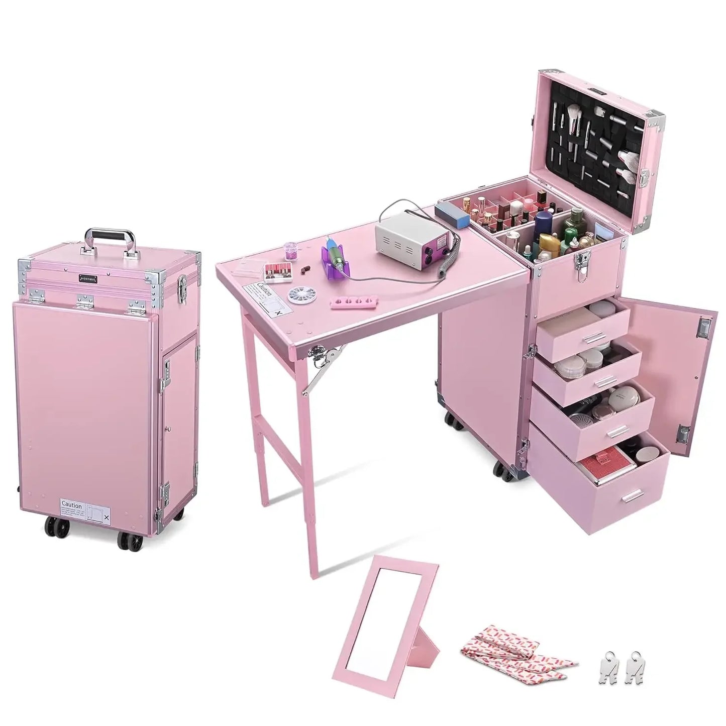 Portable Rolling Manicure Table – Foldable Nail Desk with Travel Case & Cosmetic Trolley Storage Organizer