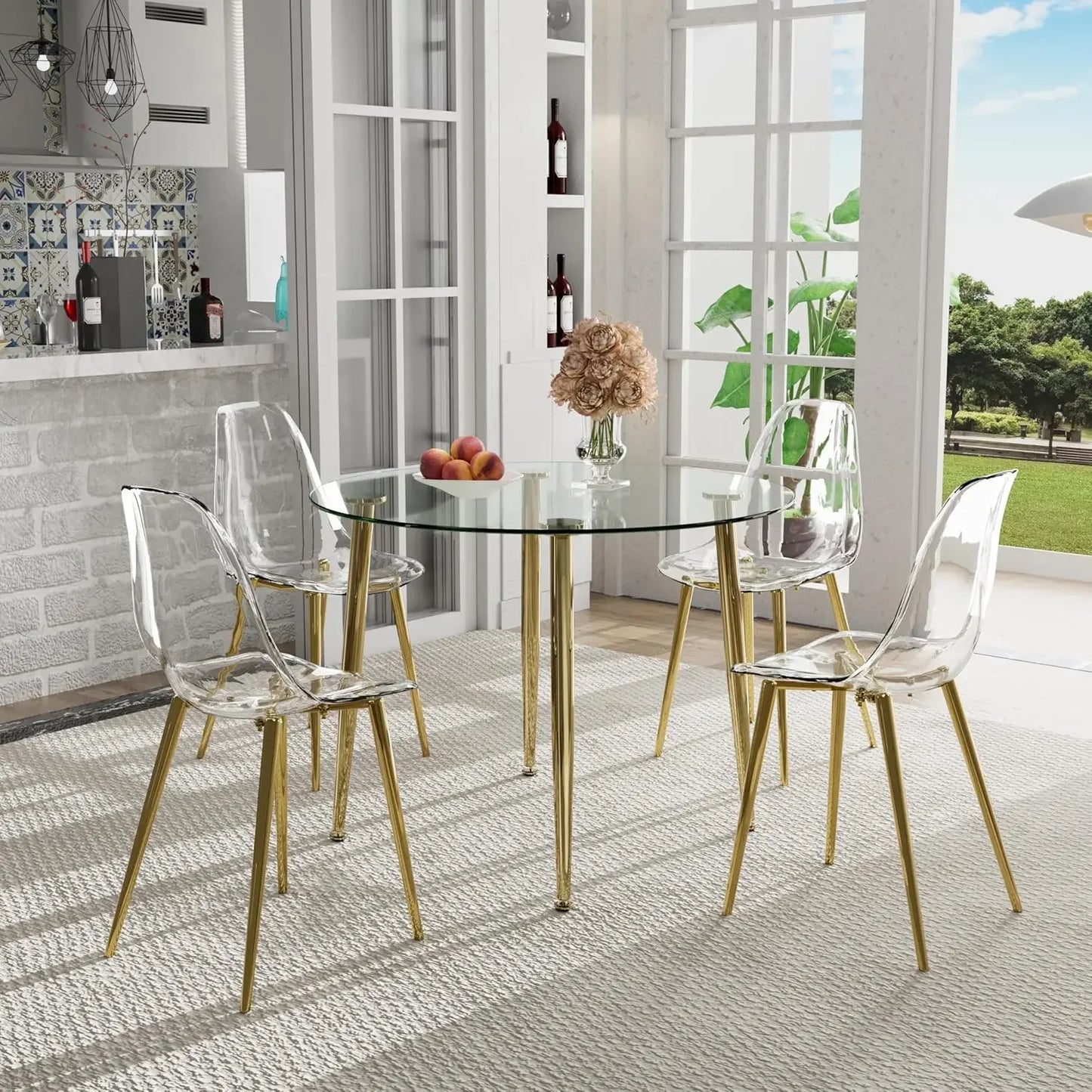 5-Piece Round Glass Dining Table Set for 4 – 47'' Modern Circular Kitchen & Dining Room Table with Clear Glass Top and Chairs