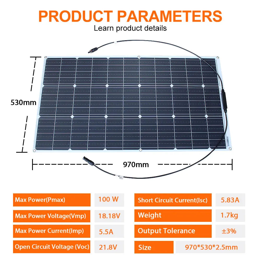 Flexible Solar Panel Kit – 100W/200W/300W High-Efficiency 12V/24V Battery Charger for RV, Boat, Camping & Off-Grid Use