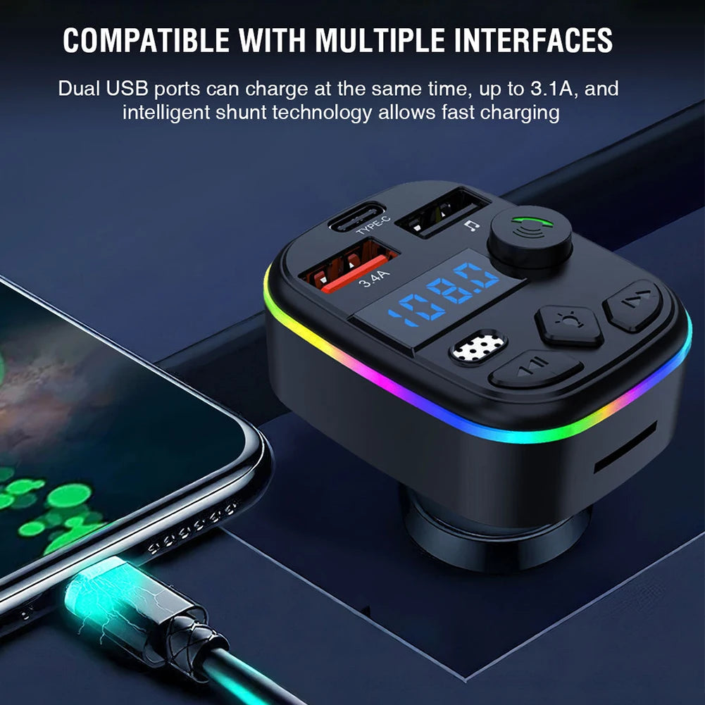 Bluetooth 5.3 FM Transmitter Car Charger – Hands-Free Calls, Dual USB + Type-C, MP3 & TF Card Support