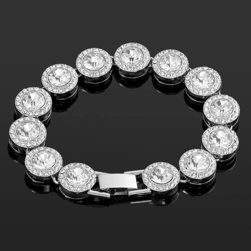 4-Piece Iced Out Pink Cuban Bracelet Set – Gold & Silver-Tone Crystal Heart, Circle & Square Hip Hop Jewelry for Women