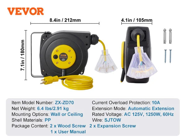 🔌 SucceBuy 30FT Retractable Extension Cord Reel
With Lighted Triple Tap Outlet | 10 Amp Circuit Breaker | 4.5FT Lead-In Cord