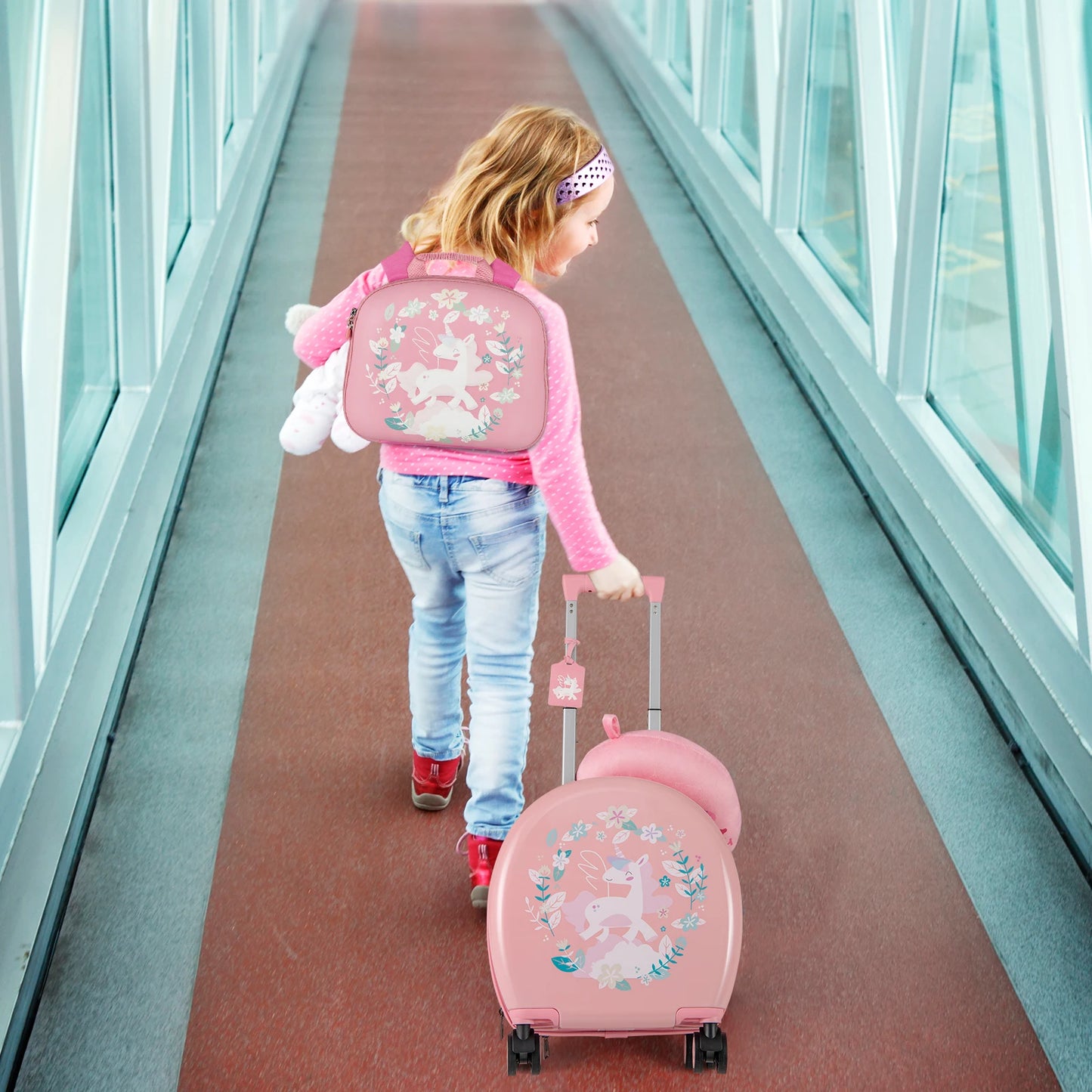 4-Piece Kids’ Luggage Set – 14" Hardside Carry-On Spinner with Backpack, Lunch Bag & Neck Pillow
