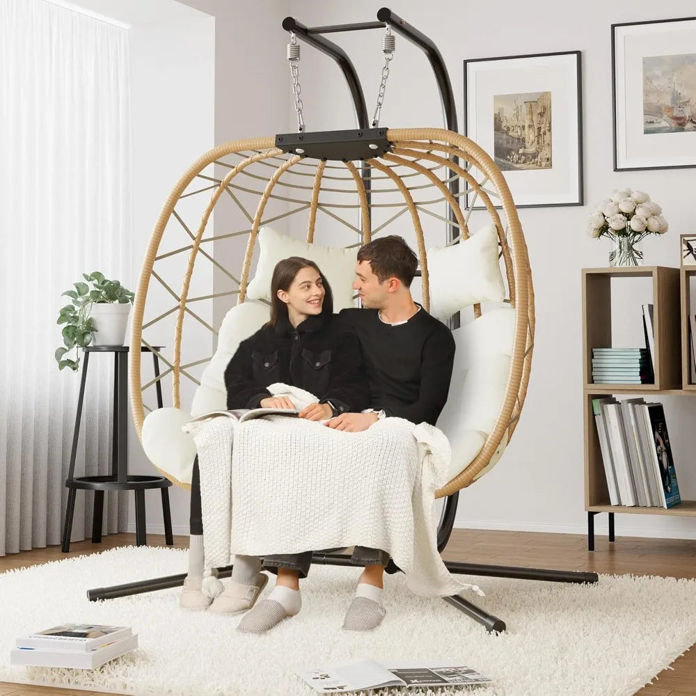 Oversized Double Swing Egg Chair with Stand – 2-Person Hanging Wicker Patio Chair with Cushion, 550 lbs Capacity