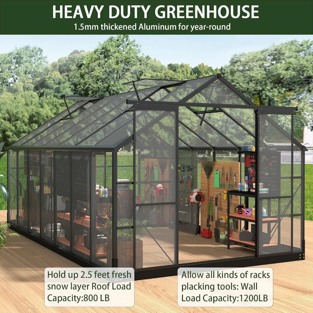 8x16 FT Polycarbonate Walk-In Greenhouse with Adjustable Roof Vents – Aluminum Frame, Weather-Resistant Outdoor Garden Shelter