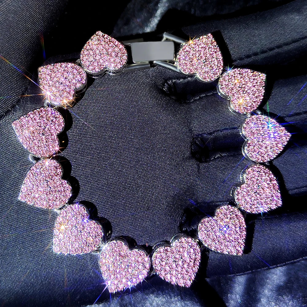 4-Piece Iced Out Pink Cuban Bracelet Set – Gold & Silver-Tone Crystal Heart, Circle & Square Hip Hop Jewelry for Women