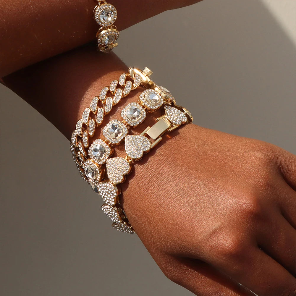 4-Piece Iced Out Pink Cuban Bracelet Set – Gold & Silver-Tone Crystal Heart, Circle & Square Hip Hop Jewelry for Women