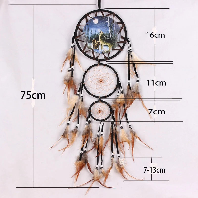 Wolf Head Oil Painting Dream Catcher – Boho Wall Decoration with Natural Feather Pendant | Festival-Inspired Hanging