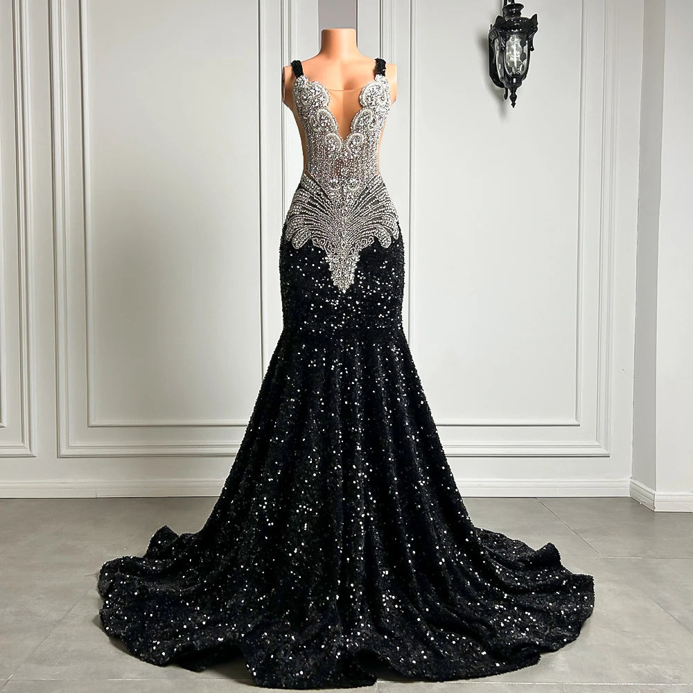 Luxurious Mermaid Style Prom Dresses 2024: Sparkling Silver Crystals, Red Sequins, and Black Formal Gowns for Prom Party
