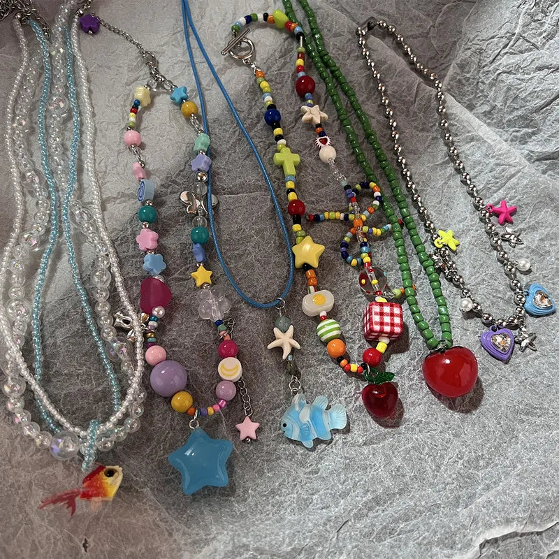 Boho Y2K Star & Heart Tassel Choker – Colorful Kpop-Inspired Pendant Necklace for Women