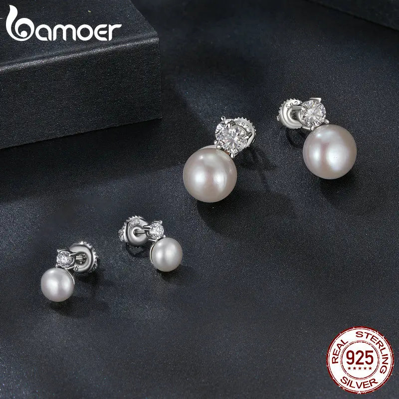 Elegant Moissanite & Freshwater Pearl Stud Earrings in 925 Sterling Silver