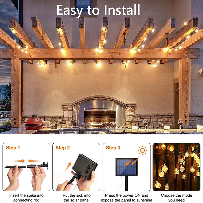 Outdoor Solar Crystal Globe String Lights – 60 LED Waterproof Lights with 8 Modes for Garden, Patio, or Party Decor