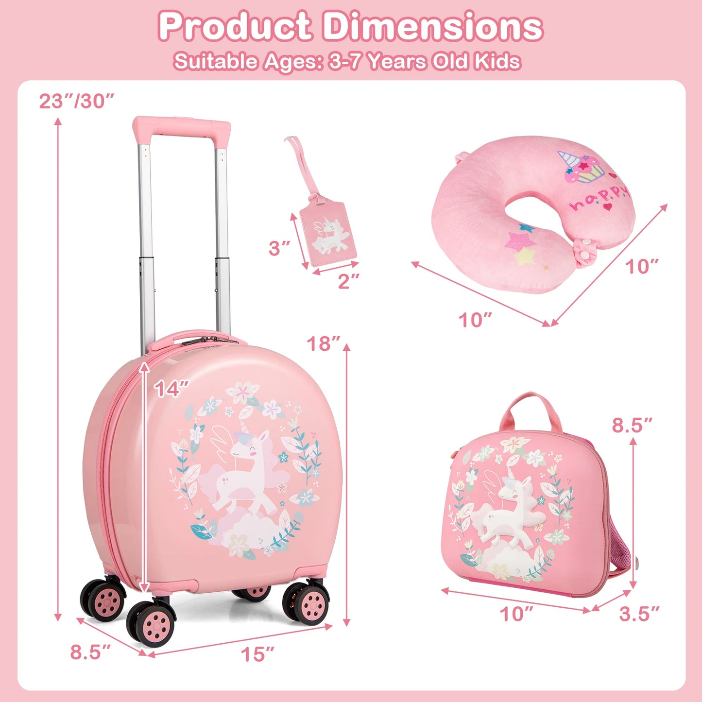 4-Piece Kids’ Luggage Set – 14" Hardside Carry-On Spinner with Backpack, Lunch Bag & Neck Pillow