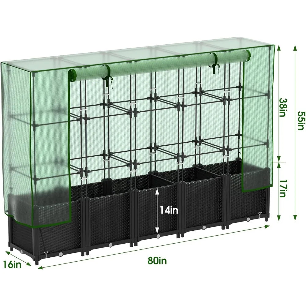 80" Raised Garden Bed with Greenhouse Cover & Trellis – Vertical Planter Box for Tomatoes & Climbing Plants