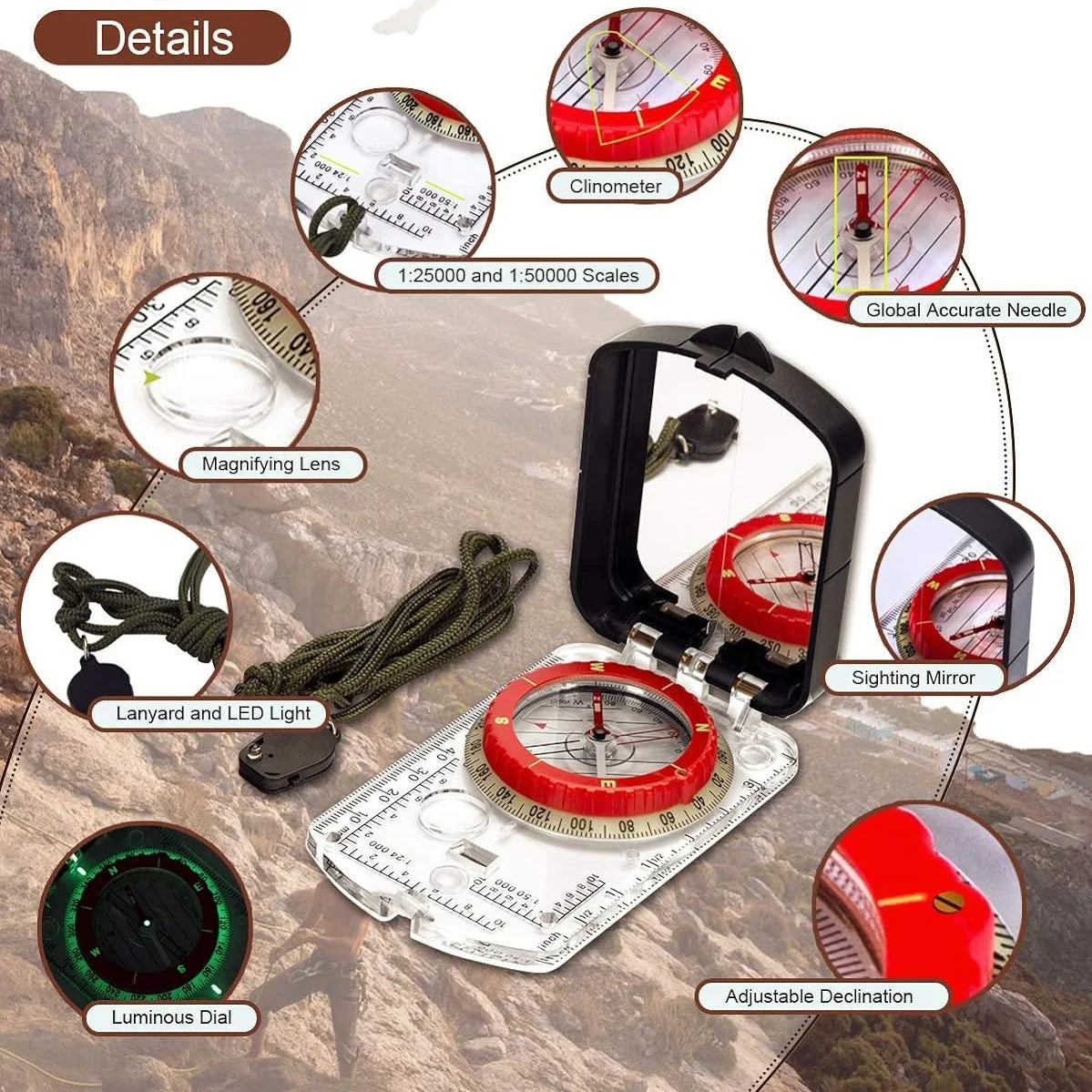 Sighting Compass with Mirror – Adjustable Declination Baseplate Compass with LED Light for Hiking, Orienteering & Backpacking