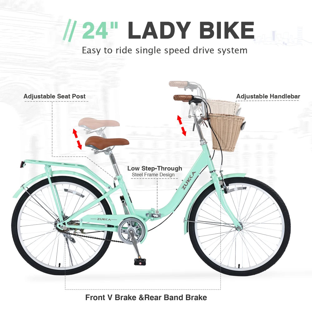 24" Folding Lady’s Bike – Single Speed with Durable Steel Frame, Compact Design for Easy Storage & Commuting
