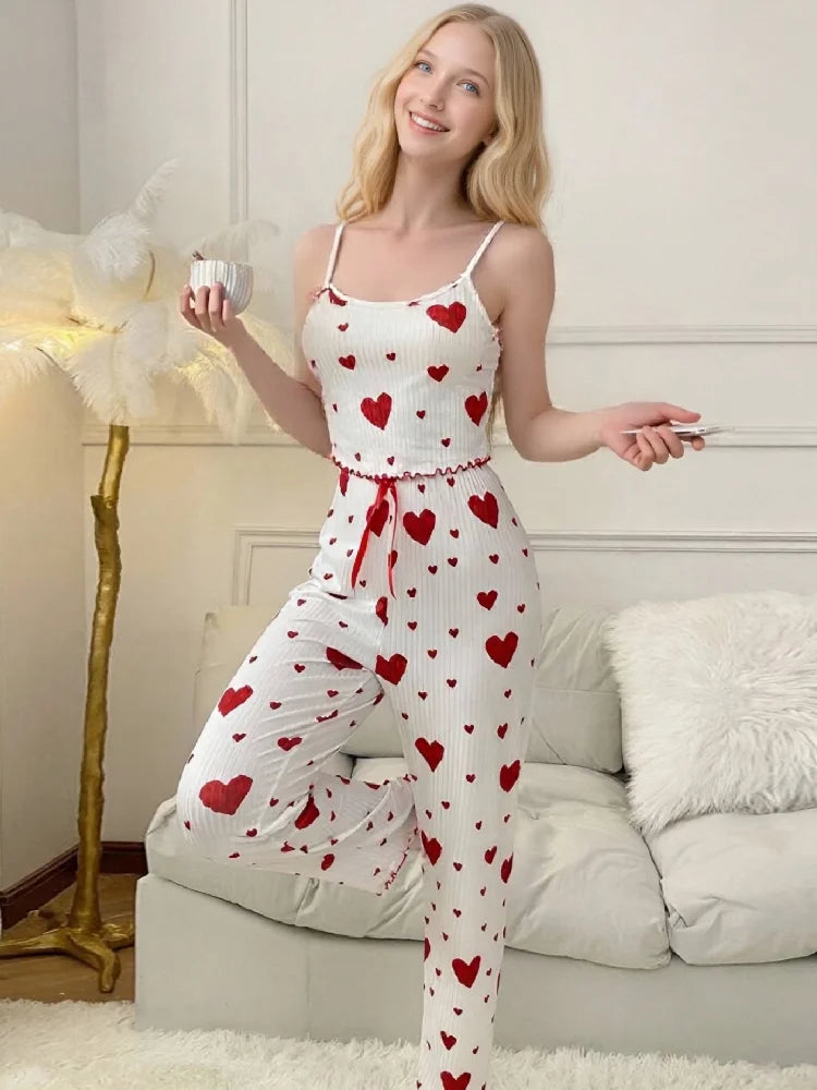 Women’s Summer Pajama Set – White & Red Love Print Vest with Bow Trim Long Pants
