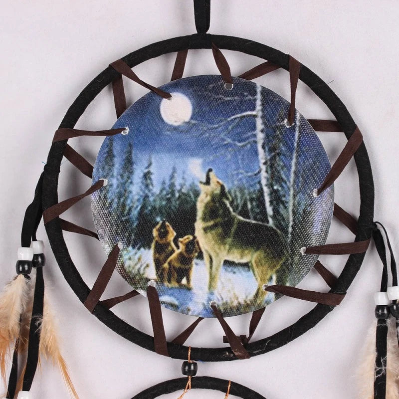 Wolf Head Oil Painting Dream Catcher – Boho Wall Decoration with Natural Feather Pendant | Festival-Inspired Hanging