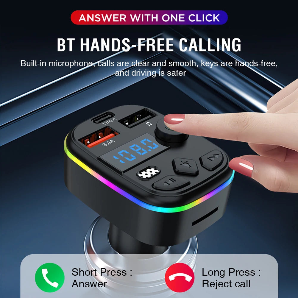 Bluetooth 5.3 FM Transmitter Car Charger – Hands-Free Calls, Dual USB + Type-C, MP3 & TF Card Support