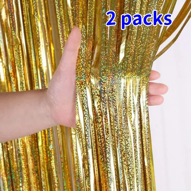 2-Pack Metallic Tinsel Fringe Curtains – 2x1M Glitter Party Backdrops for Birthday, Wedding, Bachelorette & Event Decor