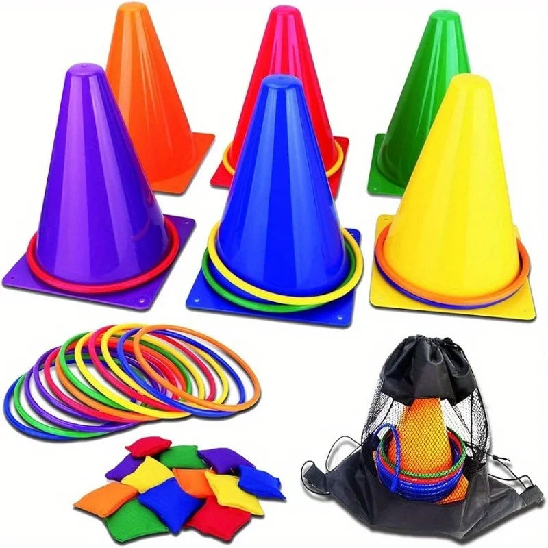 Multicolor Cone and Ring Toss Game Set for Kids – Outdoor Floor Ring Toss Sports Game with Logo Barrels, Sensory Motor Skills Trainer