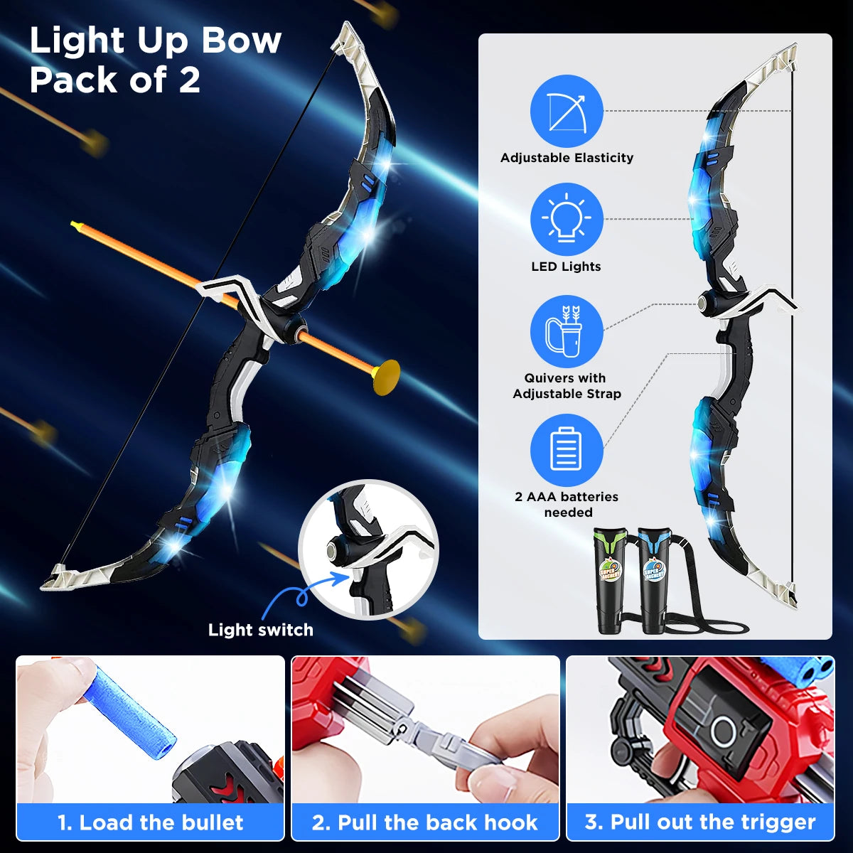 2-in-1 Bow & Arrow + Toy Gun Set for Kids – LED Light-Up Archery with Suction Arrows, Target Stand & Dart Board Game