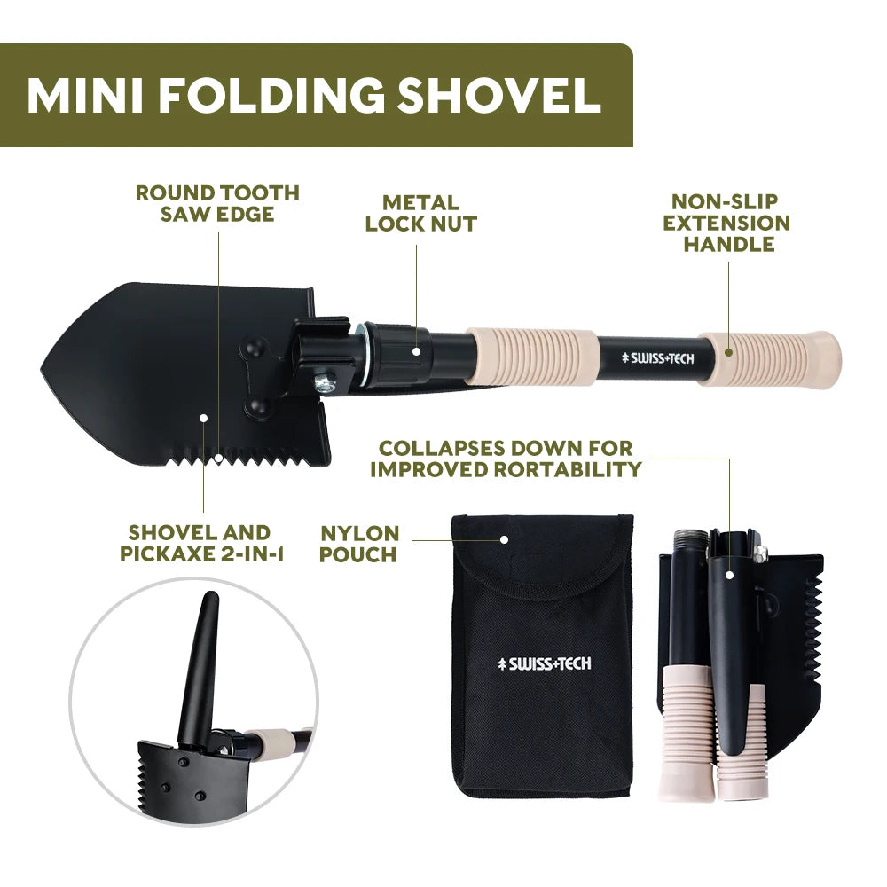 Swiss Tech 3-in-1 Ultralight Folding Shovel – Mini EDC Multi-Tool for Outdoor Camping, Hiking & Gardening