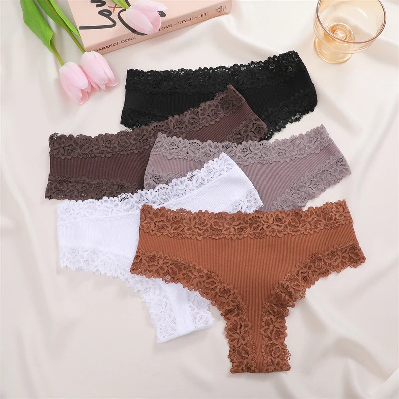 5Pcs Women’s Cotton Lace Panties Set – Soft Floral Patchwork Briefs Underwear Lingerie (S-XL)