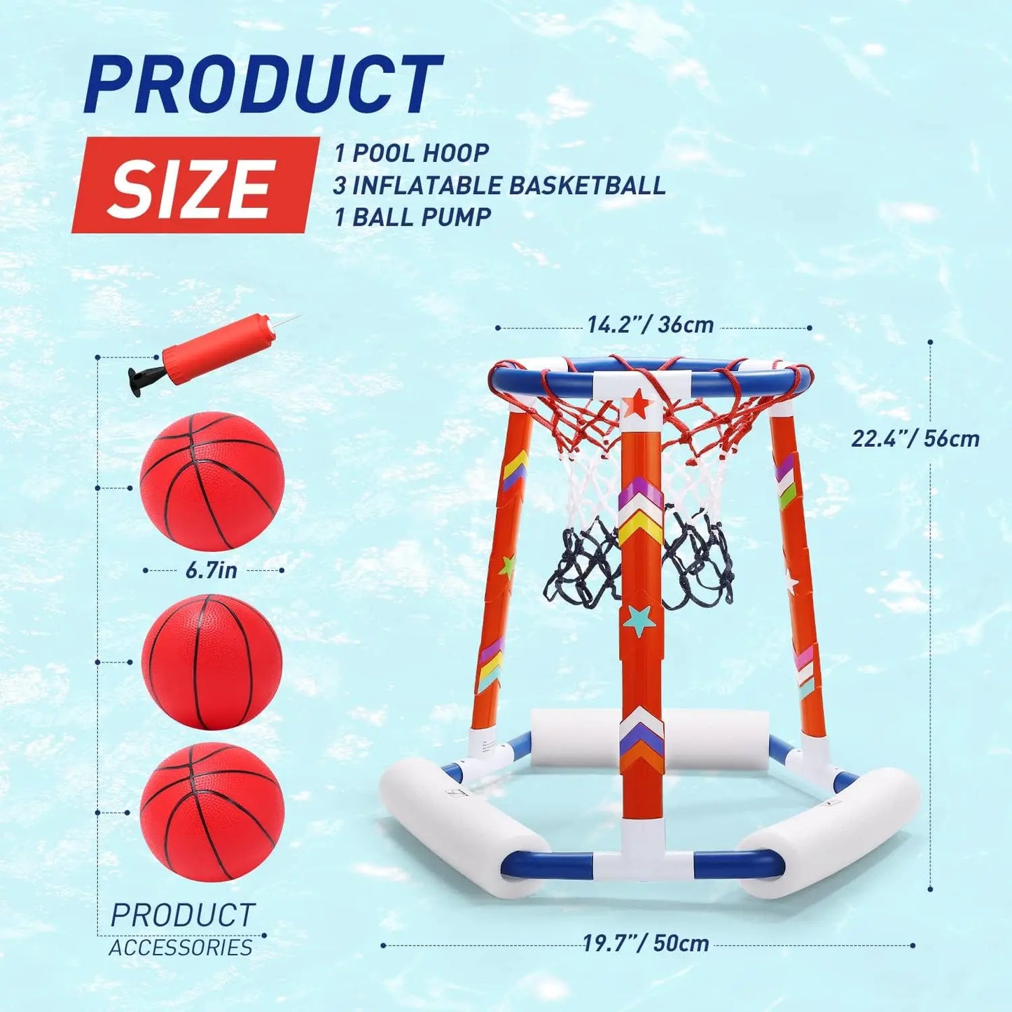 Floating Pool Basketball Hoop Set – Inflatable Water Game with 3 Balls, Pump & Stickers – Summer Fun for All Ages