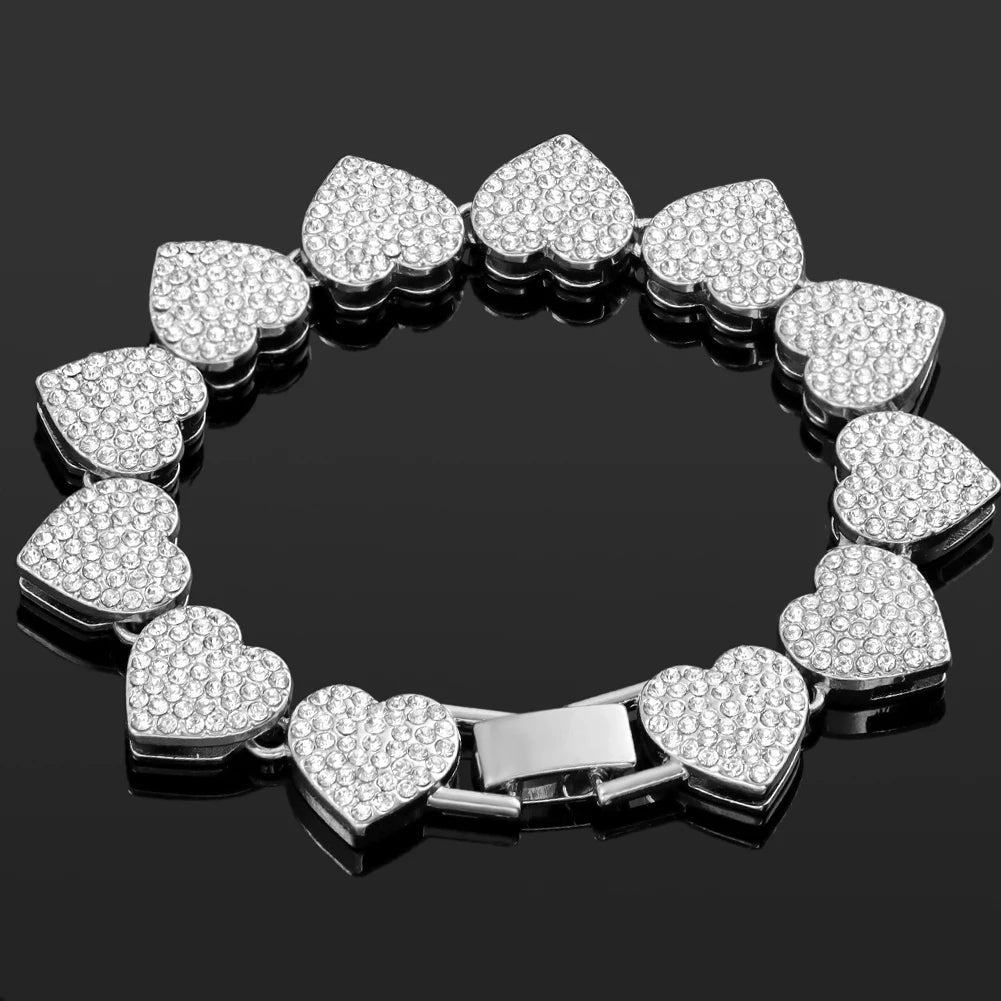 4-Piece Iced Out Pink Cuban Bracelet Set – Gold & Silver-Tone Crystal Heart, Circle & Square Hip Hop Jewelry for Women