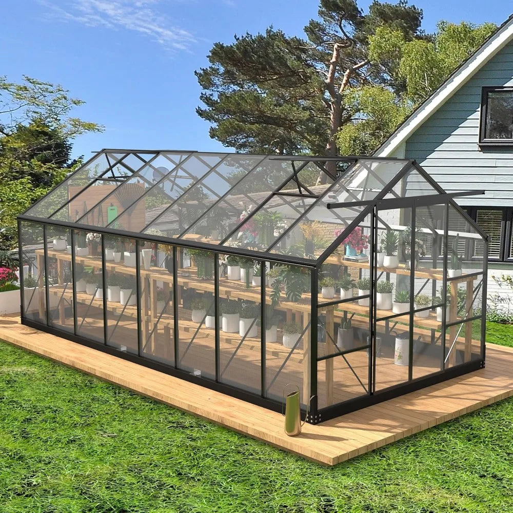8x16 FT Polycarbonate Walk-In Greenhouse with Adjustable Roof Vents – Aluminum Frame, Weather-Resistant Outdoor Garden Shelter