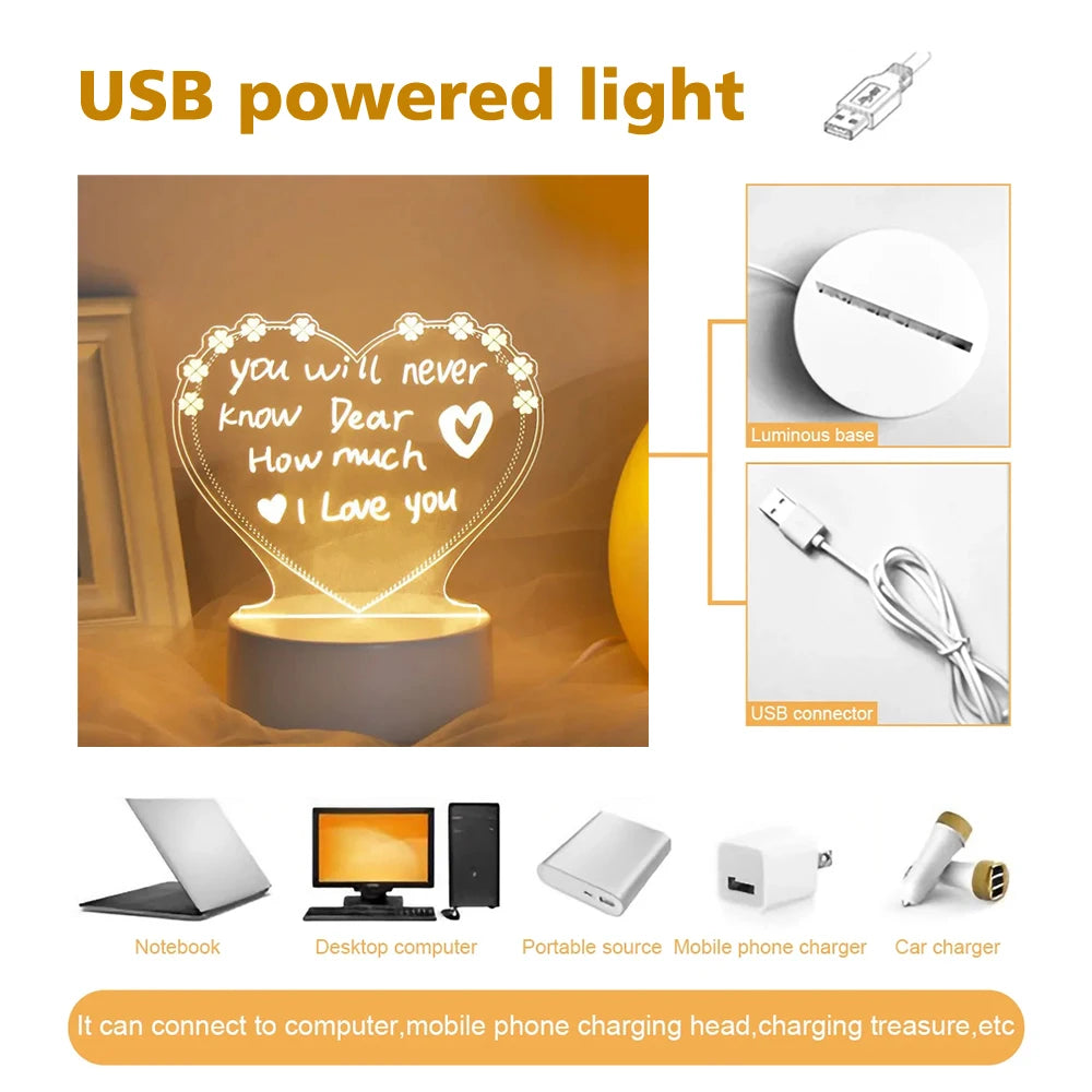 Creative LED Night Light Message Board – USB Note Lamp with Pen, Fun Gift for Kids or Girlfriend, Bedroom Decor