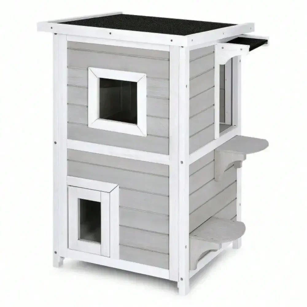 2-Story Wooden Outdoor Cat House – Rainproof Kitty Shelter with Escape Door, Weather-Resistant Pet Hideout