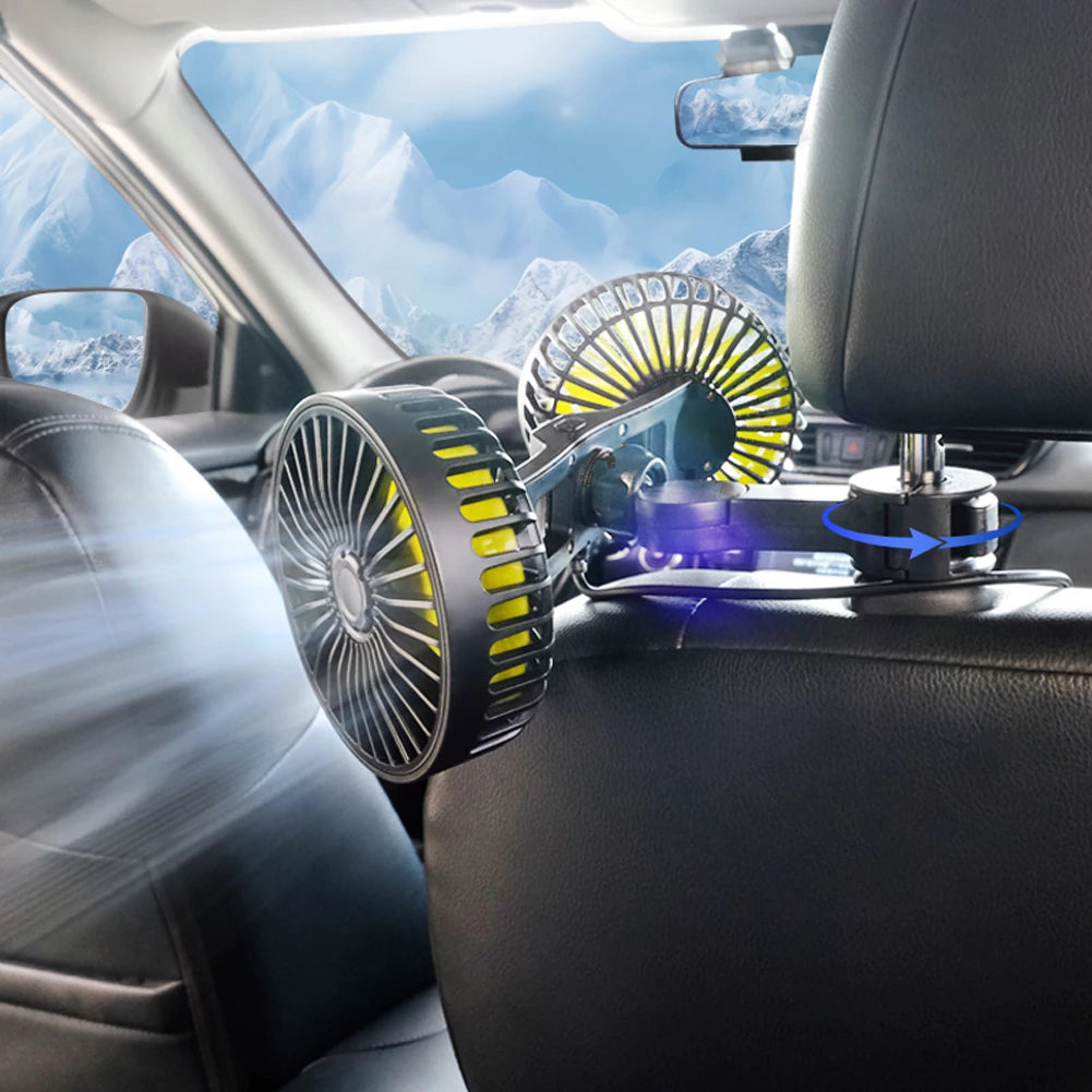 12V/24V Dual-Head Car Seat Cooling Fan – USB Neck Cooler with 360° Rotation & 3-Speed Adjustable Settings