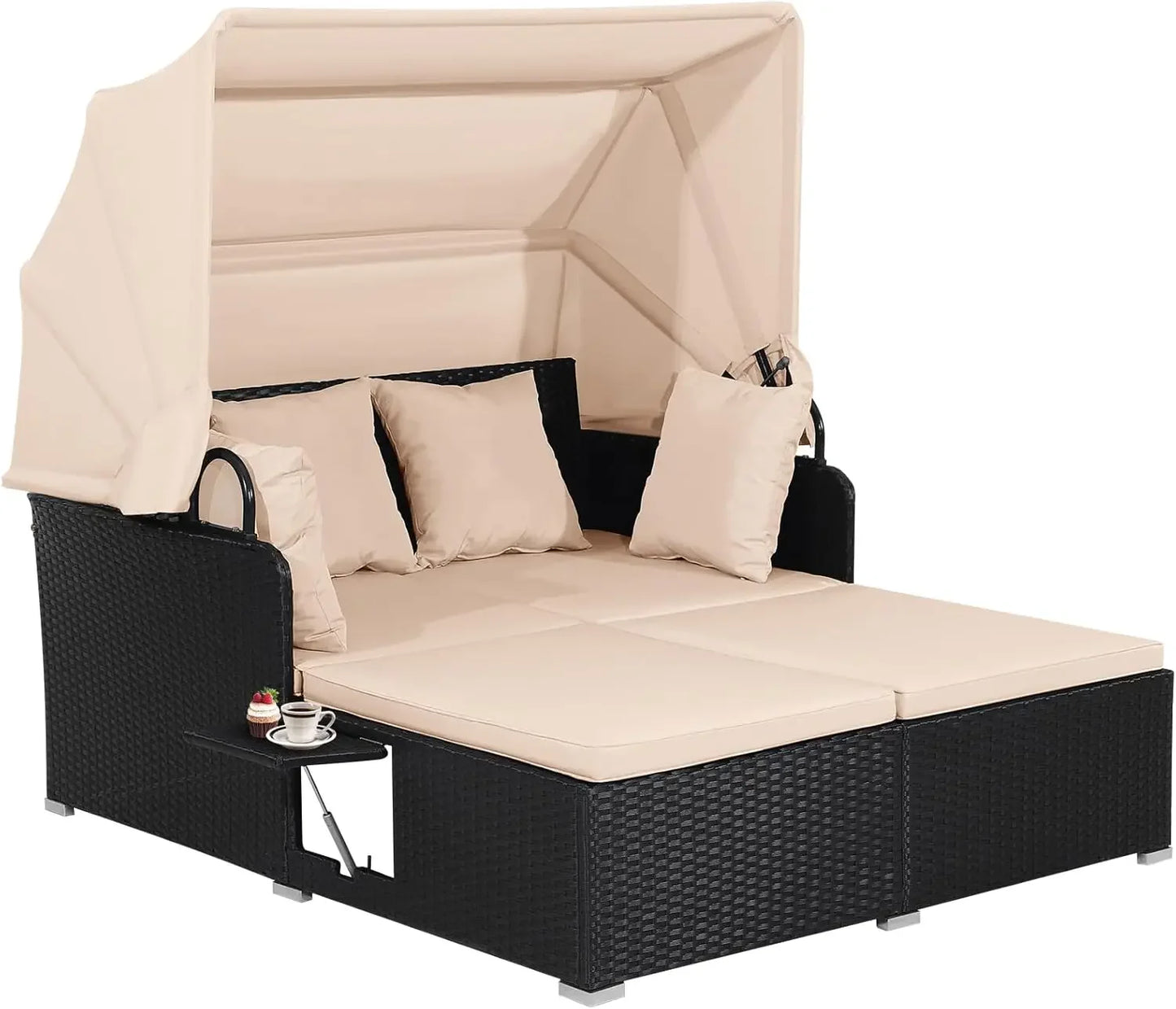 Relax in Style: Hand-Woven Outdoor Daybed with Canopy & Built-In Side Tables