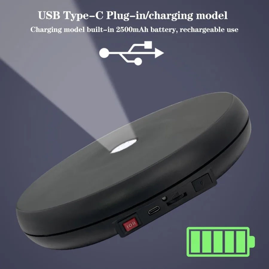 Motorized 360° Rotating Display Stand with LED Light – 10" Turntable for Product Photography & Showcases (55 lbs Load)