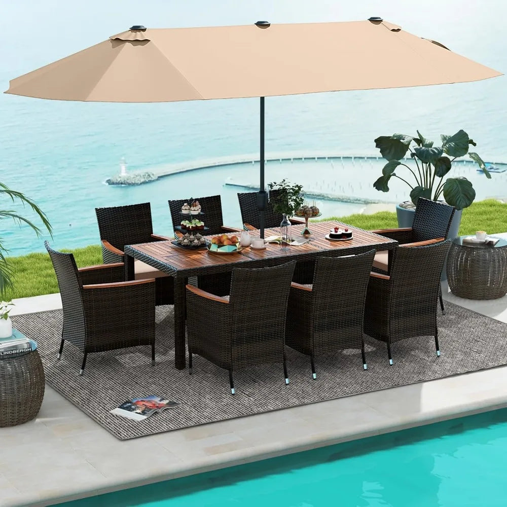 š 10-Piece Patio Rattan Dining Set with 15Ft Double-Sided Umbrella
