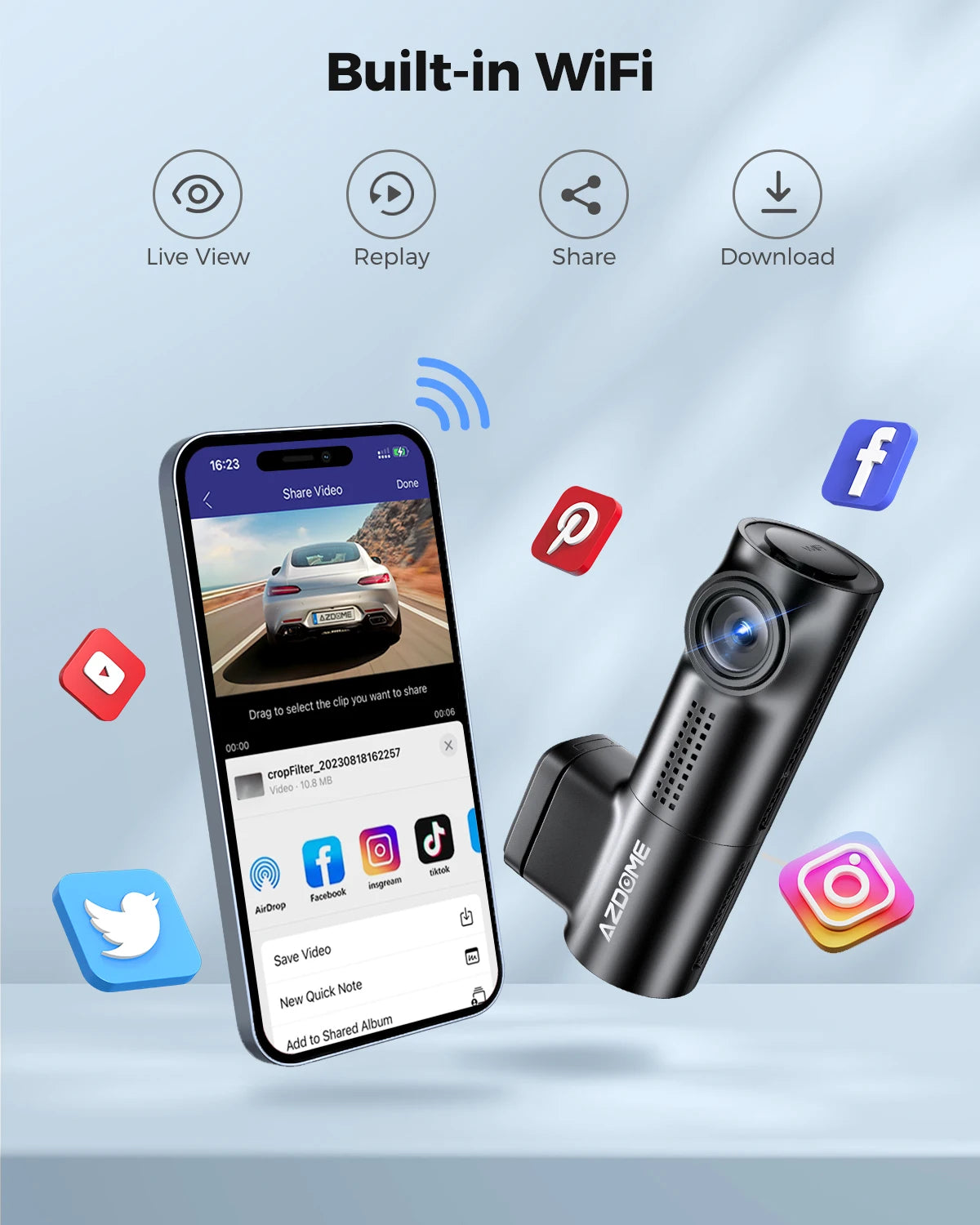 AZDOME M330 1296P Dash Cam – Smart Voice Control, WiFi, G-Sensor, Parking Monitor & Loop Recording