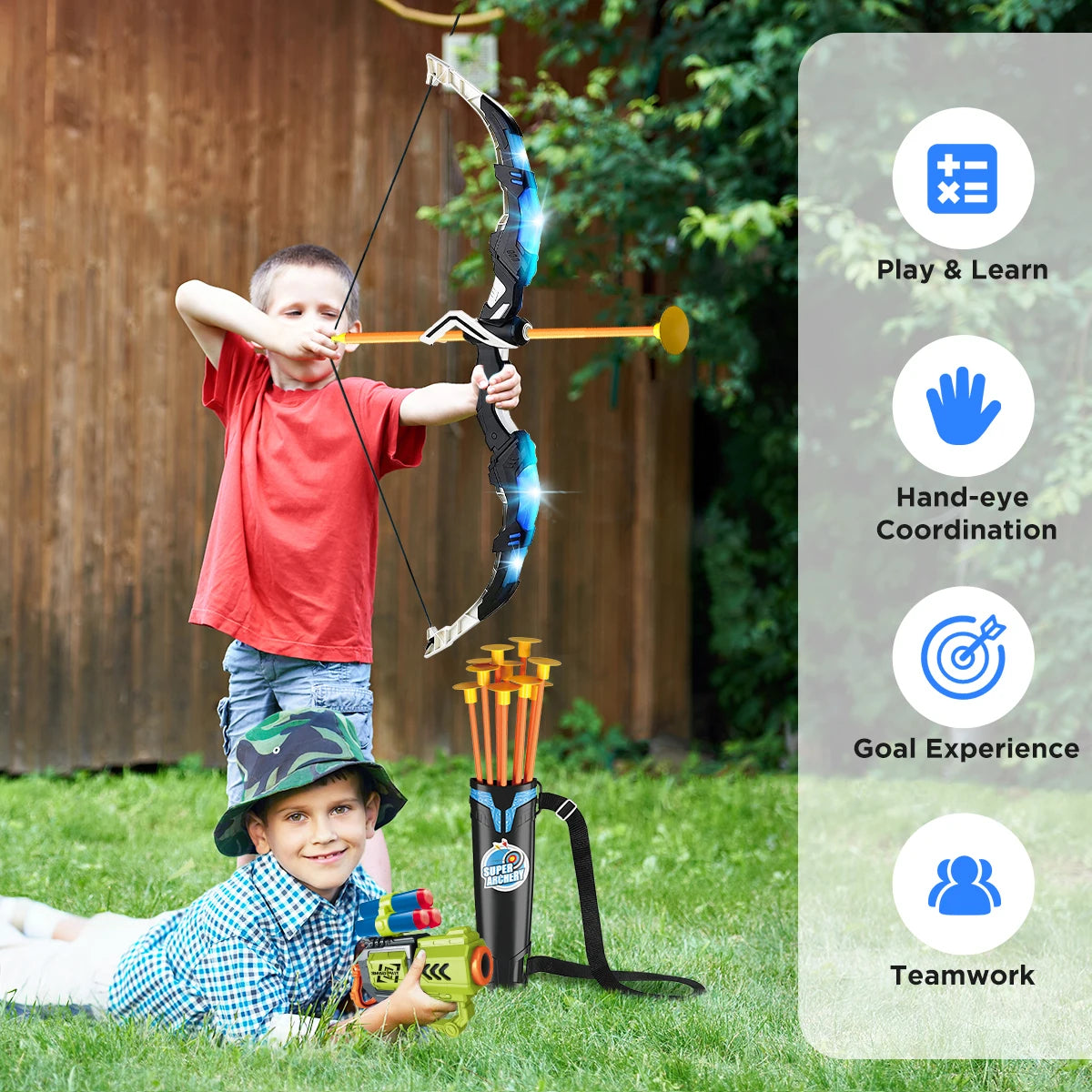 2-in-1 Bow & Arrow + Toy Gun Set for Kids – LED Light-Up Archery with Suction Arrows, Target Stand & Dart Board Game
