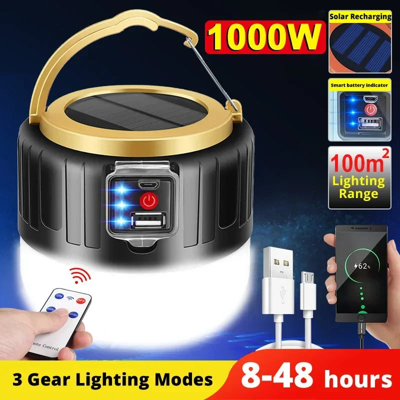 🔦 Solar Camping Light with Power Bank – Waterproof LED Lantern + Remote Control – Rechargeable Tent Light & Flashlight for Outdoor Adventures